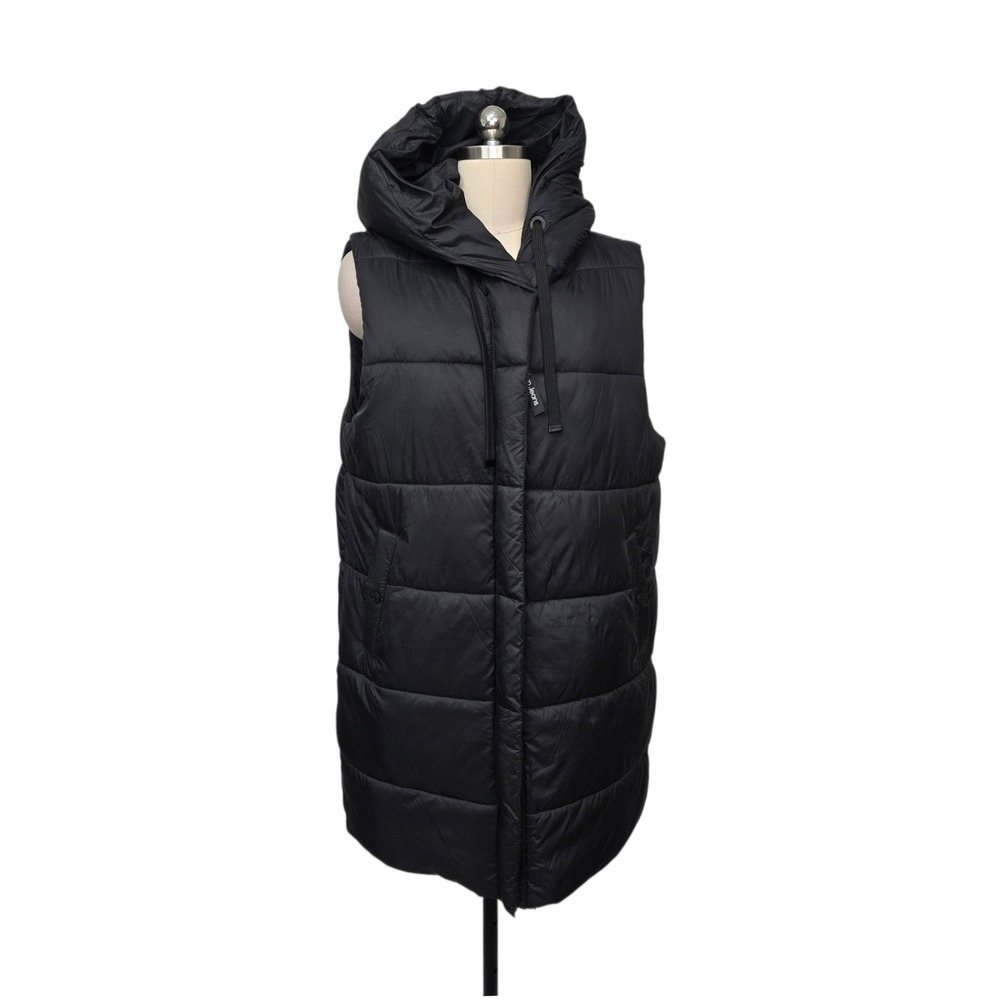 Calvin Klein Jeans Womens Black Longline Puffer Vest Hooded Quilted Size Large